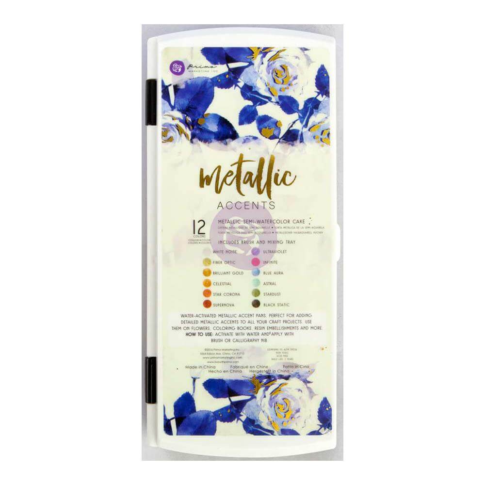 PRIMA MARKETING Metallic Accents Semi-Watercolor Paint Set - 12 Cakes & Brush