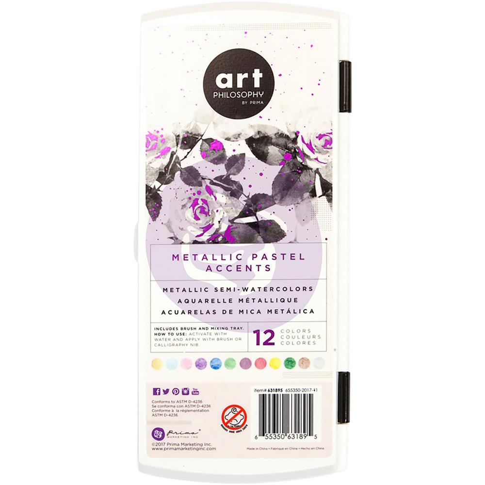 Prima Metallic Accents Semi-Watercolour Paint Set - 12 Pastel Cakes & Brush