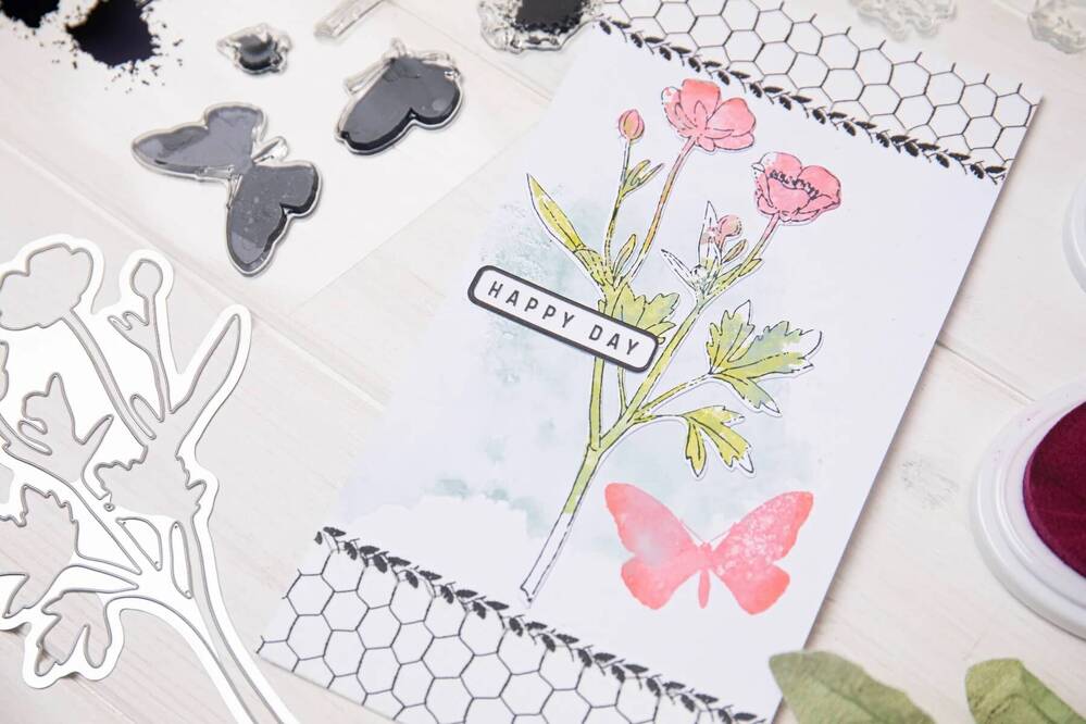 Sizzix A5 Clear Stamps Set (7PK) w/ Framelits Die Set - Painted Pencil Botanical (By 49 And Market) 666635
