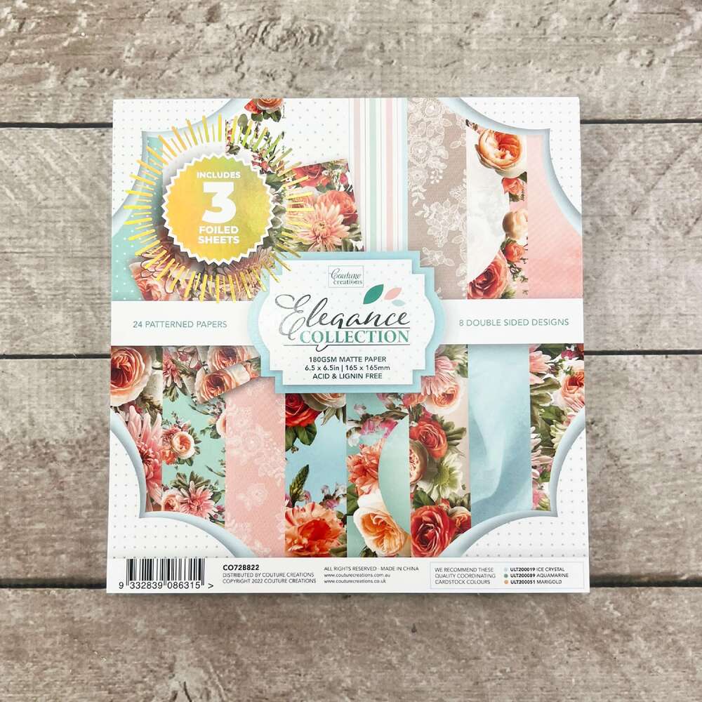 Couture Creations Paper Pad (6.5 x 6.5in) - Elegance Inc. 3 Foiled Sheets (3 x 8 designs, 24 sheets)