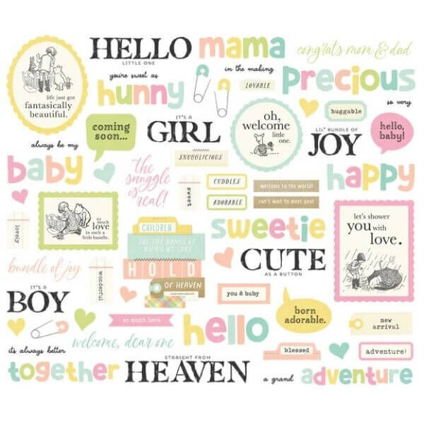 Spellbinders - Say Cheese Classic Pooh - Baby Sentiment Bits & Pieces (by Simple Stories) SS25829