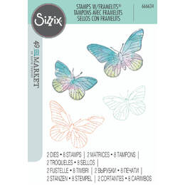 Sizzix A5 Clear Stamps Set (8PK) w/ Framelits Die Set (2PK) - Painted Pencil Butterflies (By 49 And Market) 666634