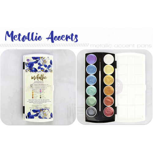 Prima Metallic Accents Semi-Watercolour Paint Set - 12 Pastel Cakes & Brush