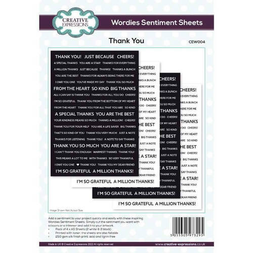 Creative Expressions Wordies Sentiment Sheets - Thank You (Pk 4, 6 in x 8 in)