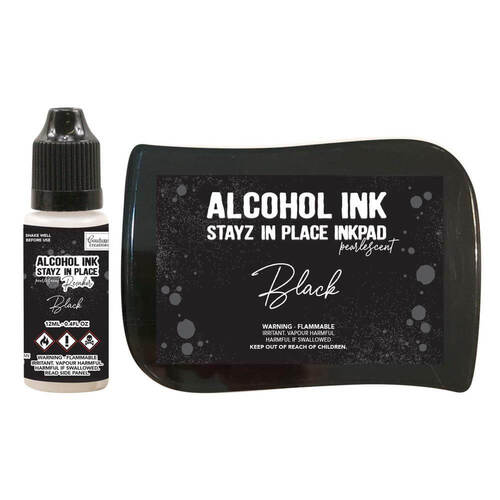 Couture Creations STAYZ IN PLACE Alcohol Ink Pad with 12ml Reinker - Jet Black Pearlescent