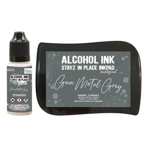 Couture Creations STAYZ IN PLACE Alcohol Ink Pad with 12ml Reinker - Gun Metal Grey Pearlescent