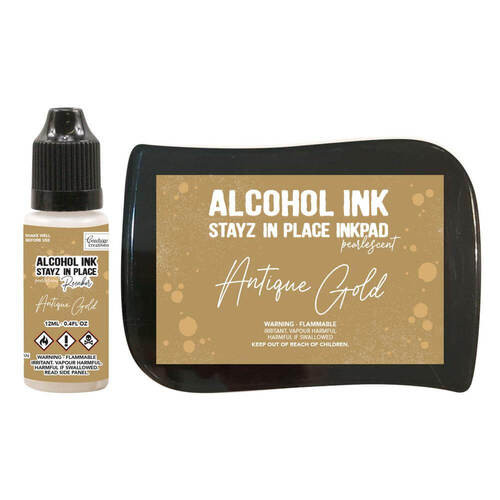 Couture Creations STAYZ IN PLACE Alcohol Ink Pad with 12ml Reinker - Antique Gold Pearlescent