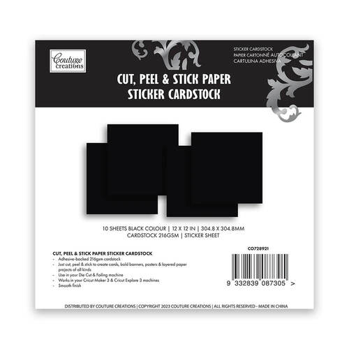 Couture Creations Cut, Peel & Stick paper sticker cardstock - Black 12 x 12in 10/pk