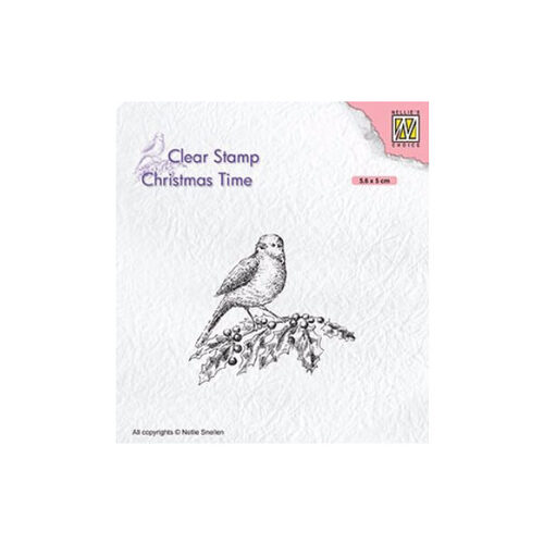 Nellie Snellen Christmas Time Clear Stamp - Bird on Hollybranch CT032