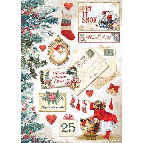 Stamperia A4 Rice Paper - Romantic Christmas Let It Snow Cards DFSA4614
