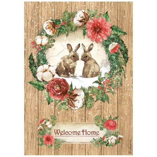 Stamperia A4 Rice Paper - Romantic Home For The Holidays - Welcome Home Bunnies DFSA4705