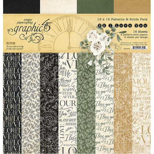Graphic 45 Double-Sided Paper Pad 12"X12" 16/Pkg - P.S. I Love You Patterns/Solid